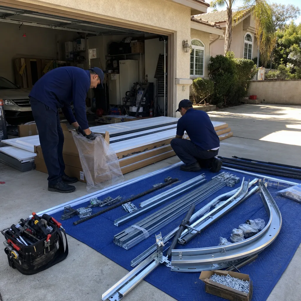 Two professional technicians assembling new garage door parts on a driveway