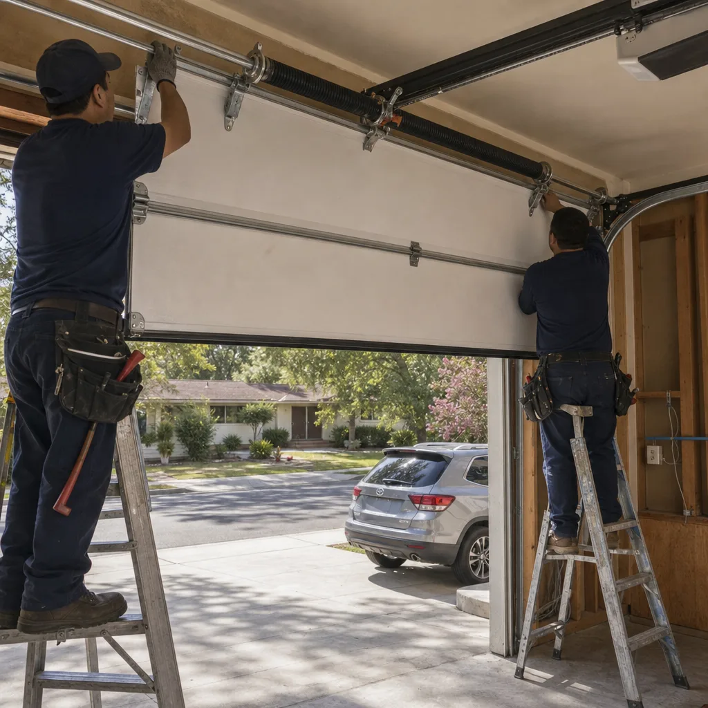 Two professional technicians performing a garage door installation on a residential home.