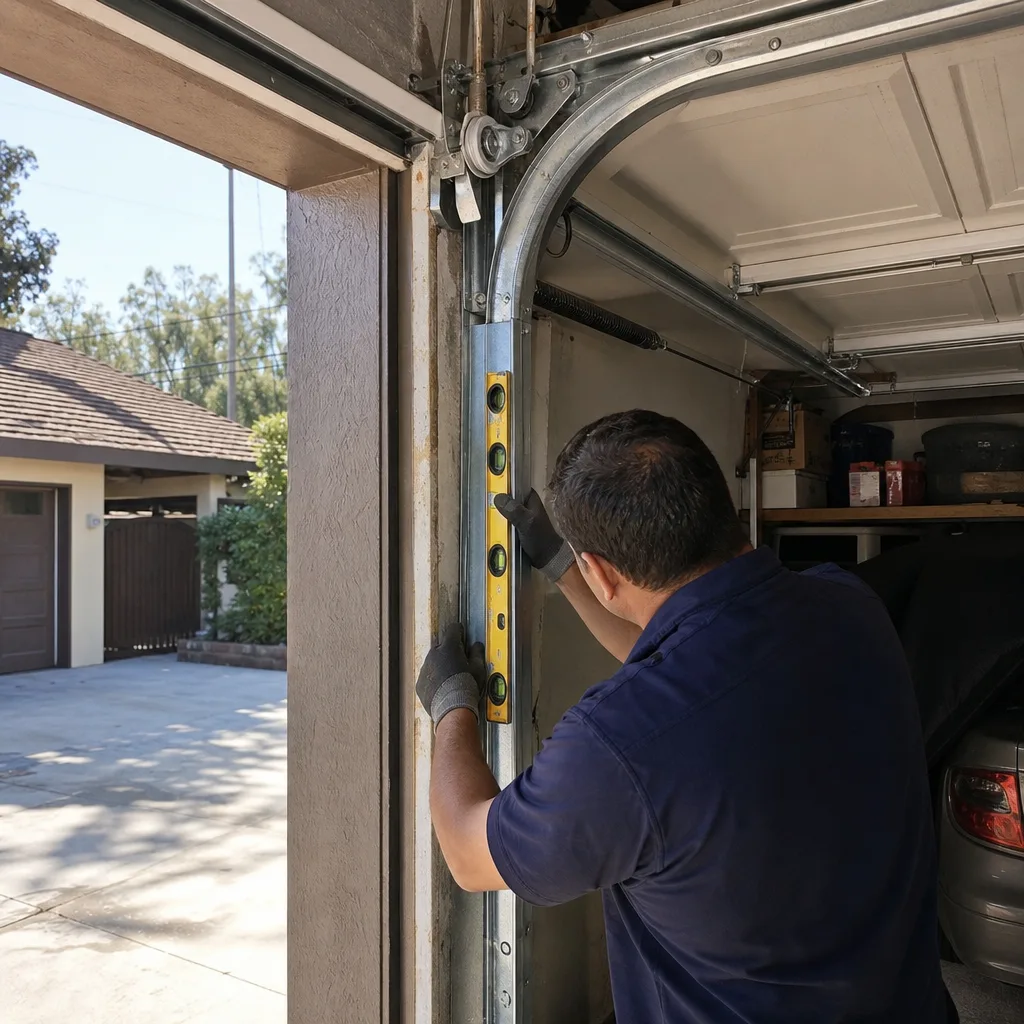 Technician using a spirit level to repair garage door track alignment