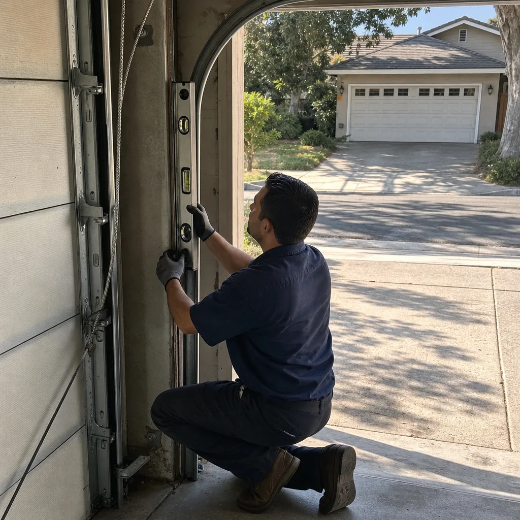 Technician checking vertical alignment of a garage door track with a level