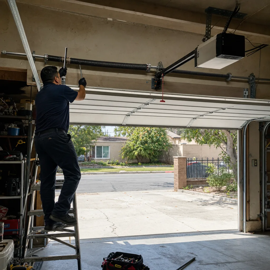 Technician performing professional garage door spring repair and maintenance