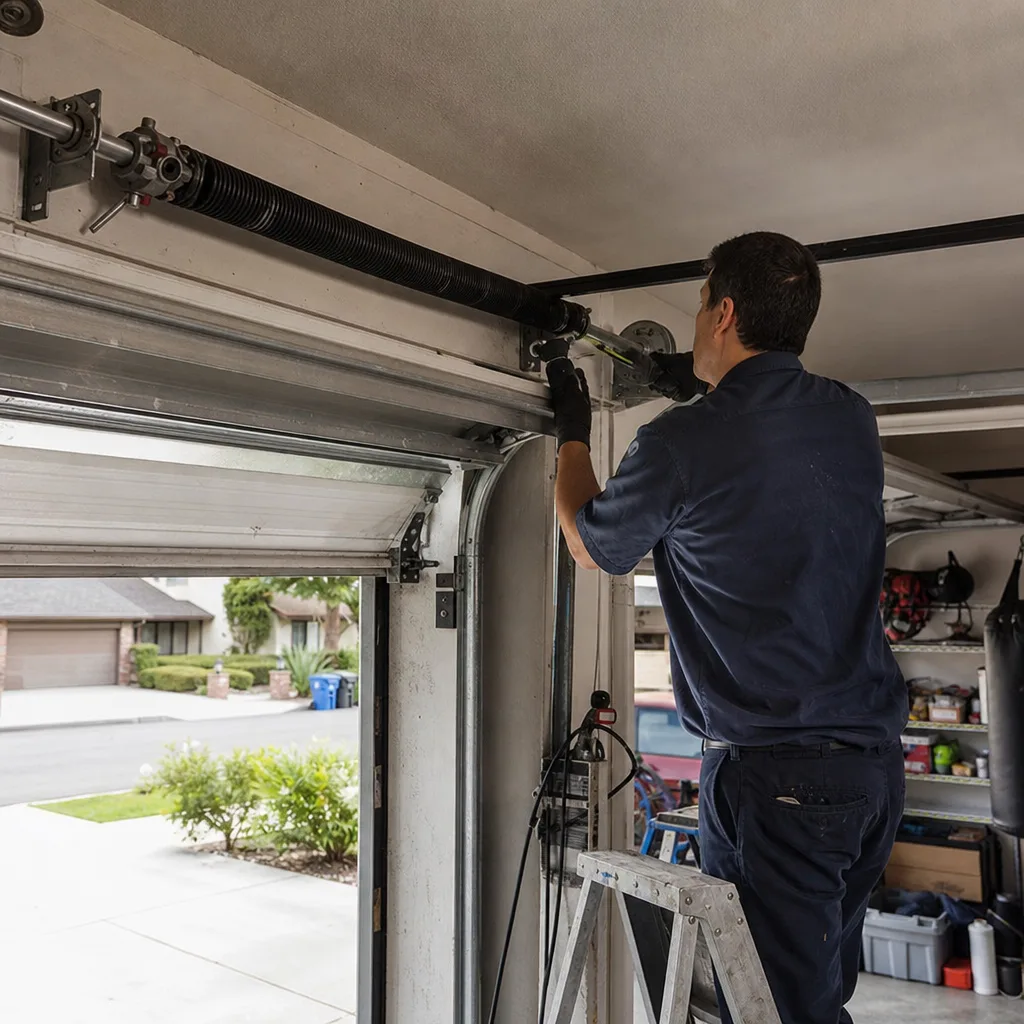 Technician performing professional emergency garage door spring repair and maintenance. nationwide