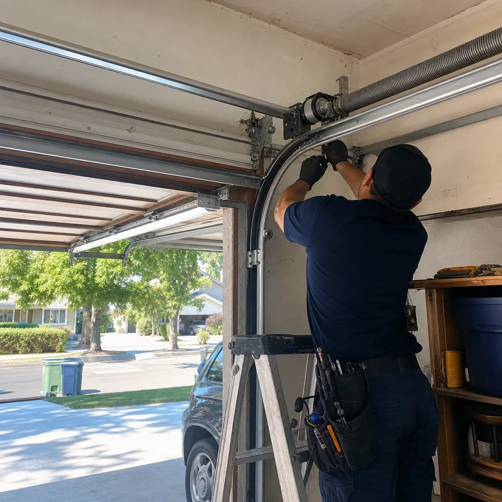 Technician performing professional emergency garage door repair services nationwide