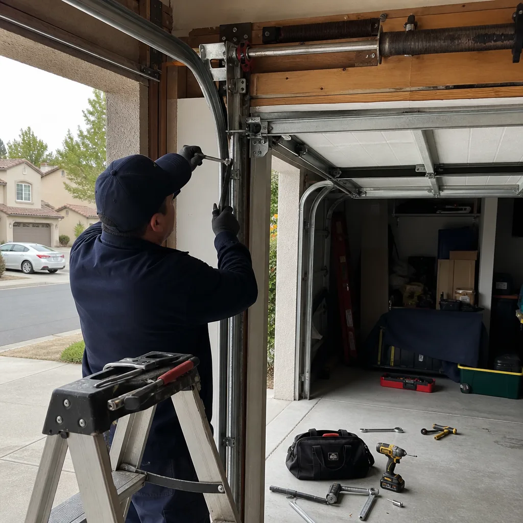 Technician performing emergency garage door repair services nationwide