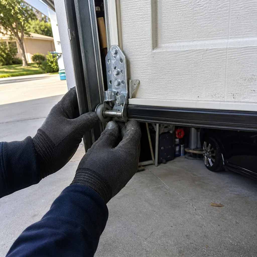 Professional repairing a garage door bottom roller hinge assembly nationwide